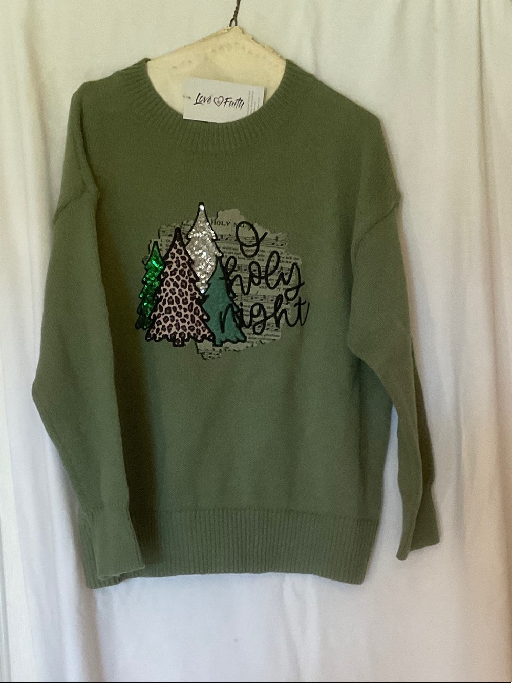Love & Faith Olive Green Sequin Graphic Crewneck Sweater